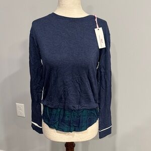Vineyard Vines Navy Blue Long Sleeve Top with Plaid Hem Large Girls Size 14